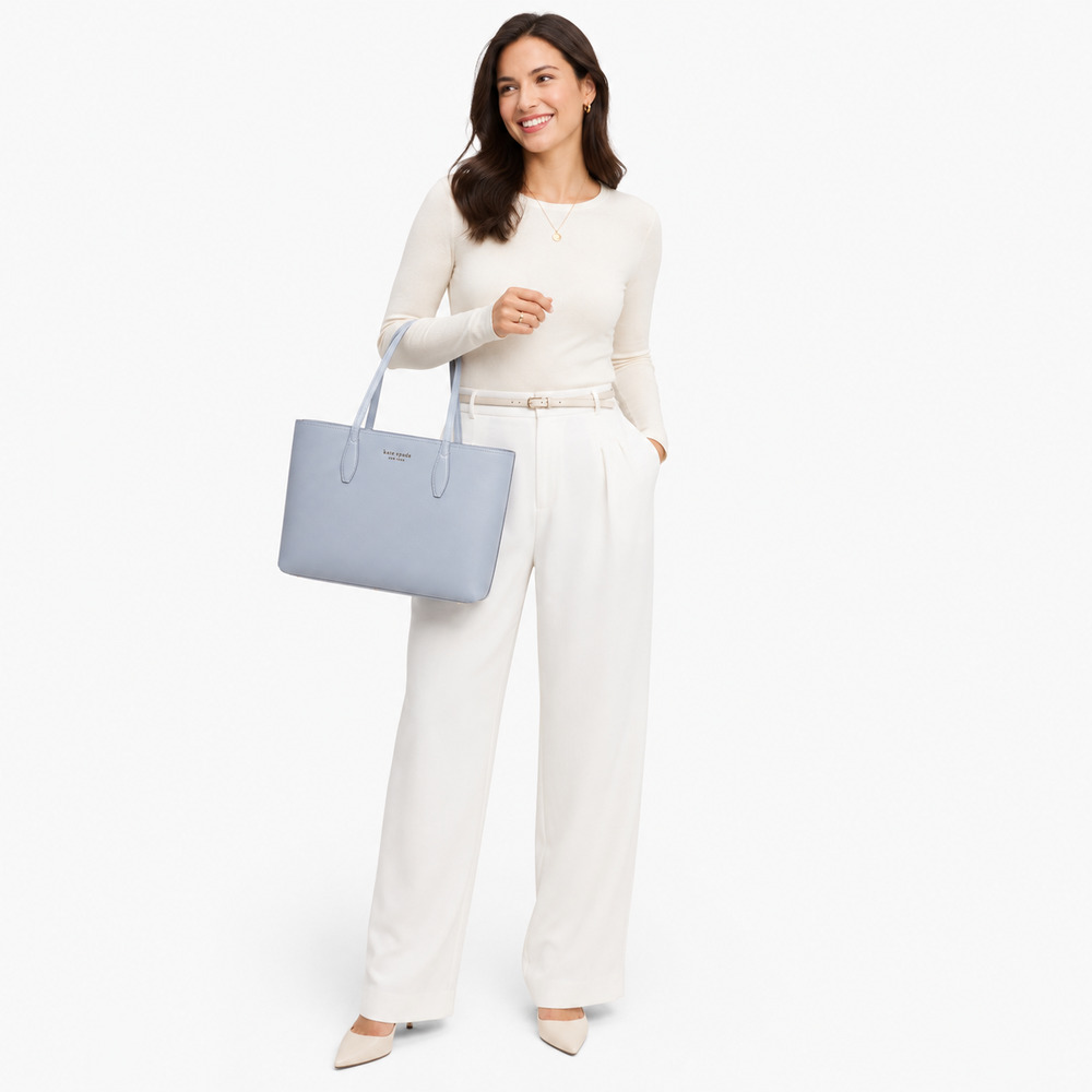 Kate Spade Womens Tote Bag Pale Blue Leather Shoulder Handbag Large Quiet Luxury